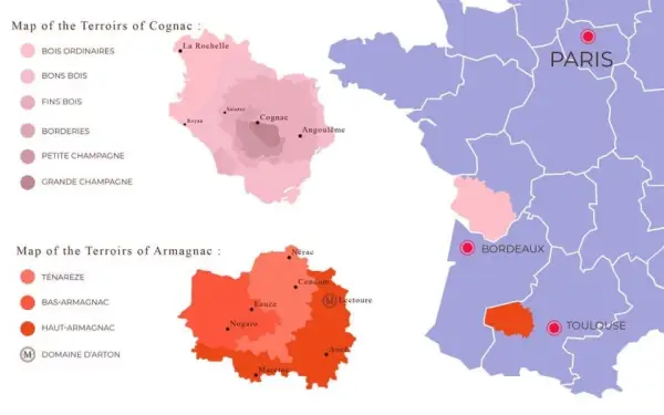 Sự khác nhau trong lãnh thổ Armagnac và Cognac